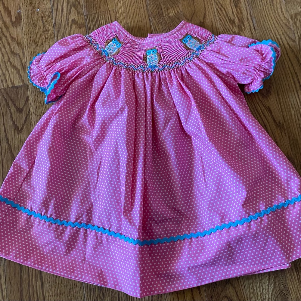 Candyland Smocked “Owl” Dress, size 6 months